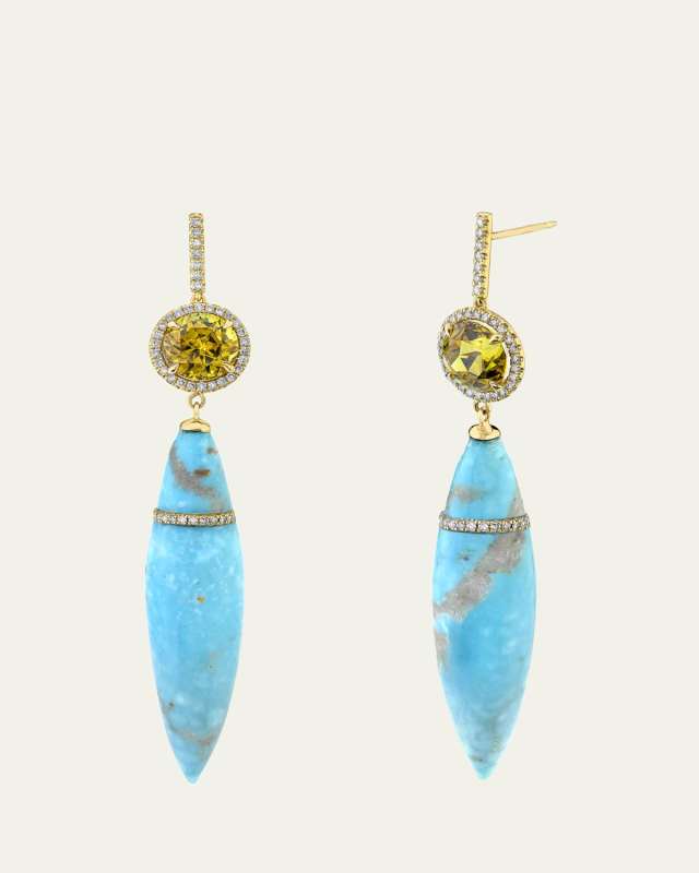 18K Yellow Gold Persian Turquoise Earrings with Andradite Garnets and Diamonds